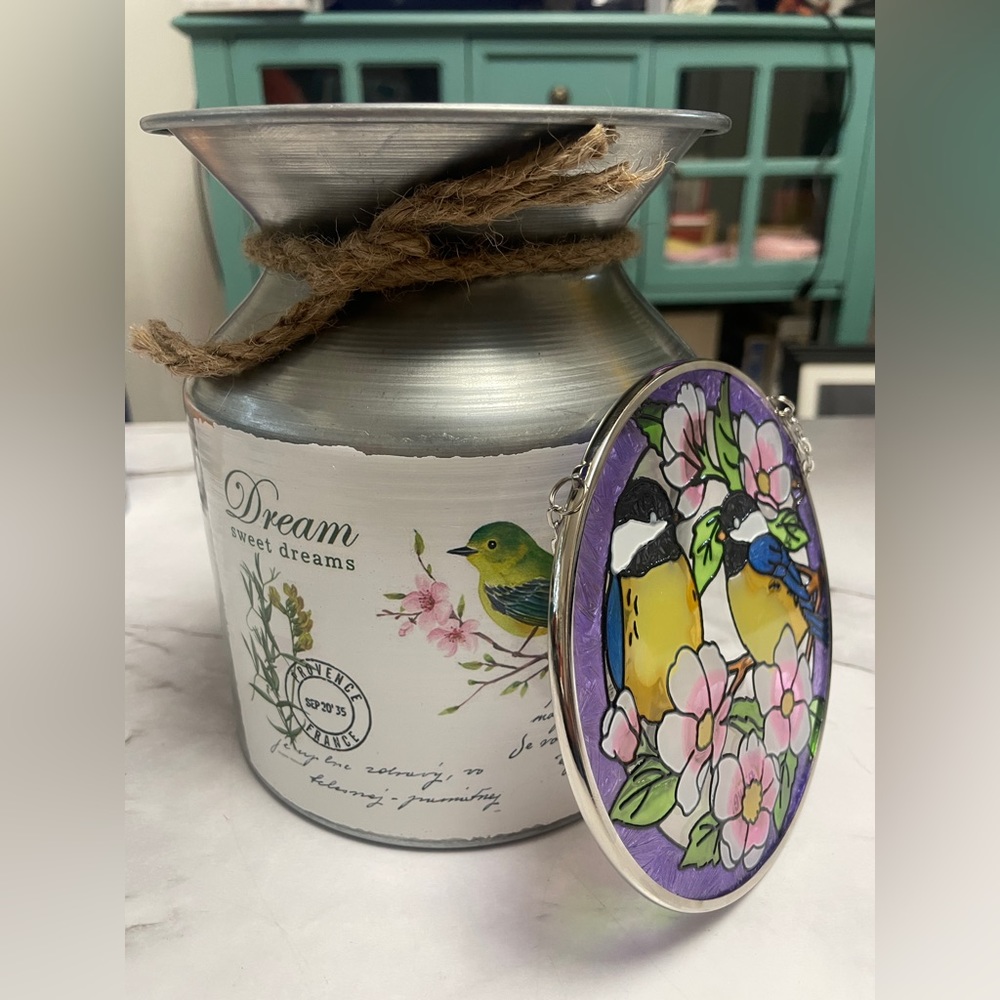 Metal Bird Vase with Stained Glass Finch Suncatcher. Mother’s Day gift